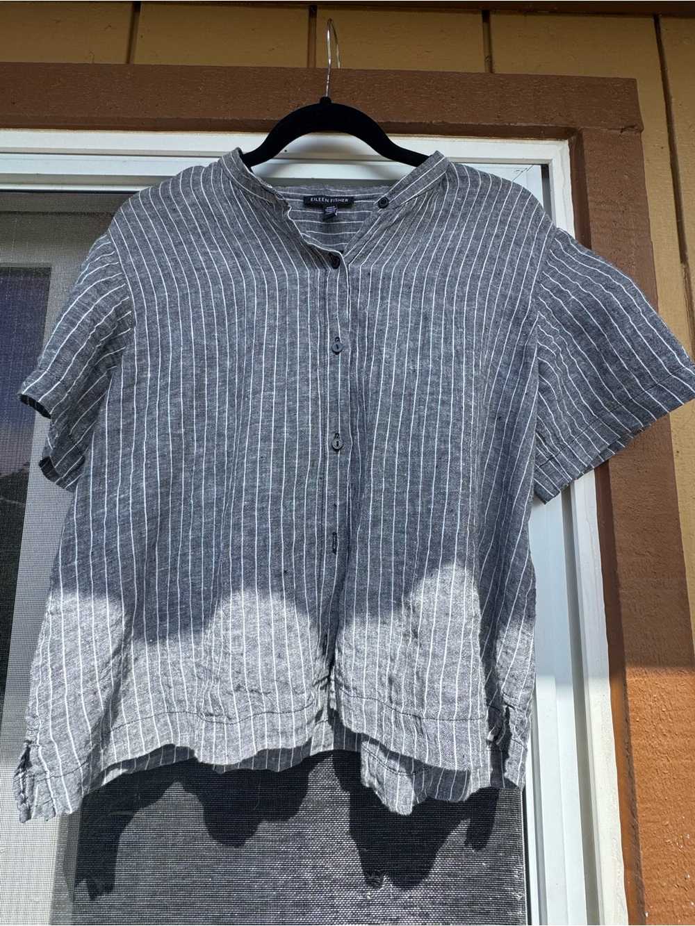 Eileen Fisher Mandarin Collar, Striped, Short-Sleeve, Linen, Button Top - Gray